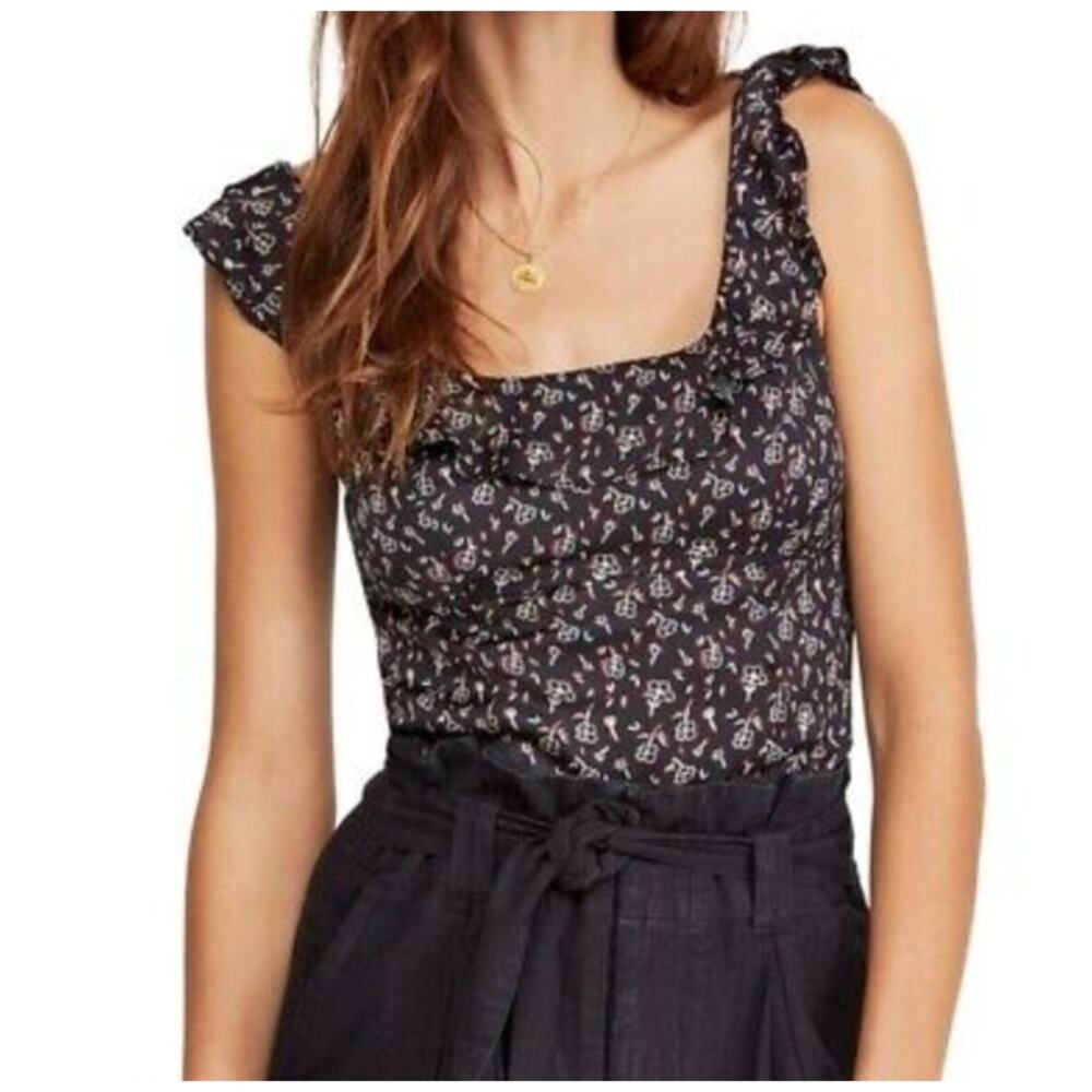 FREE PEOPLE Stay With You Ruffle Crop Top Black Red Floral Small